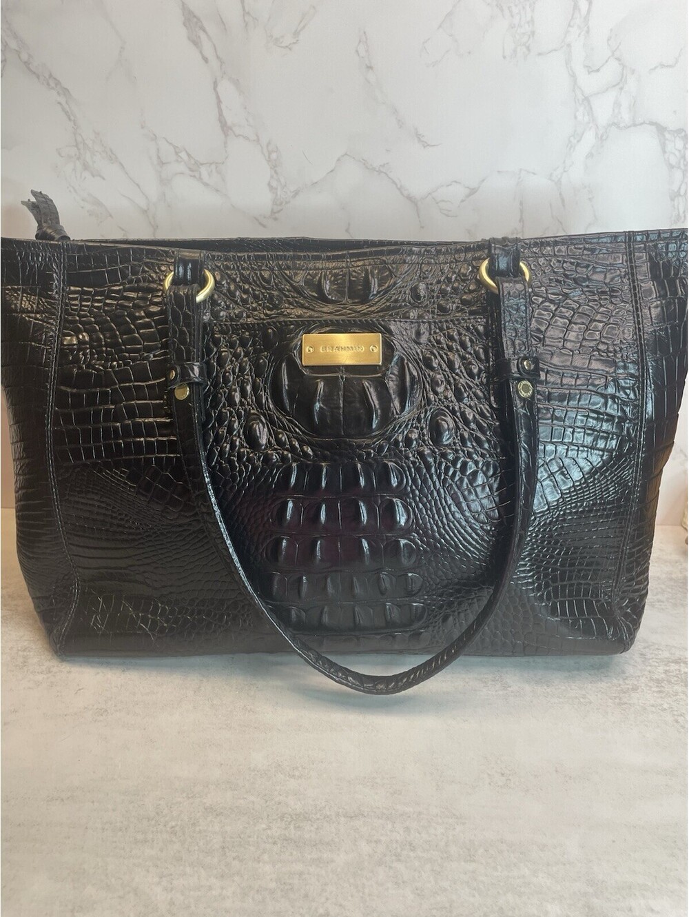BRAHMIN Black Croc Embossed Melbourne Leather Shoulder Bag Gold Tone Hardware - Picture 4 of 11